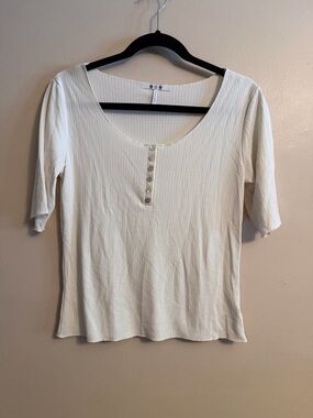 Three Dots Cream Ribbed Scoop-Neck Henley Tee